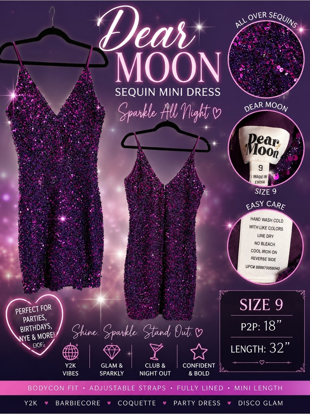 Dear Moon Purple Sequin Mini Dress Size 9 Y2K Party Cocktail Dress